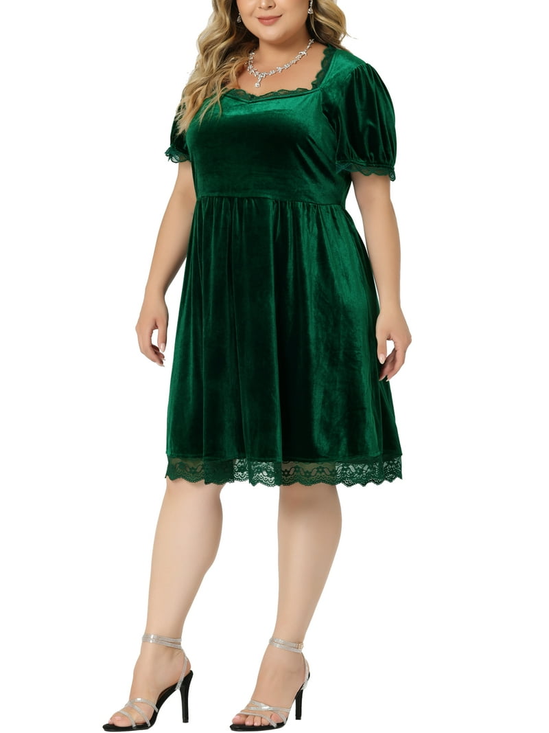 Agnes Orinda Women's Plus Size Stretchy Babydoll Velvet Dress with Elastic  Waist and Lace Trim - Walmart.com