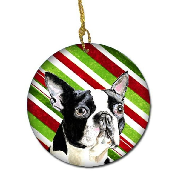 Boston Terrier Candy Cane Holiday Christmas Ceramic Ornament