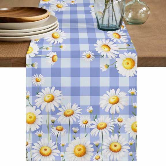 Spring White Daisy Table Runner 36 Inches, Farmhouse Floral Blue Purple Plaid Bed Runner Dresser Scarves Tabletop for Indoor Outdoor Parties/Ceremony/Banquet, 13"x 36"