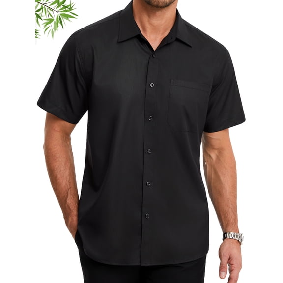 HISDERN Mens Black Dress Shirt Breathable Short Sleeve Button Down Shirt Bamboo Viscose Classic Fit