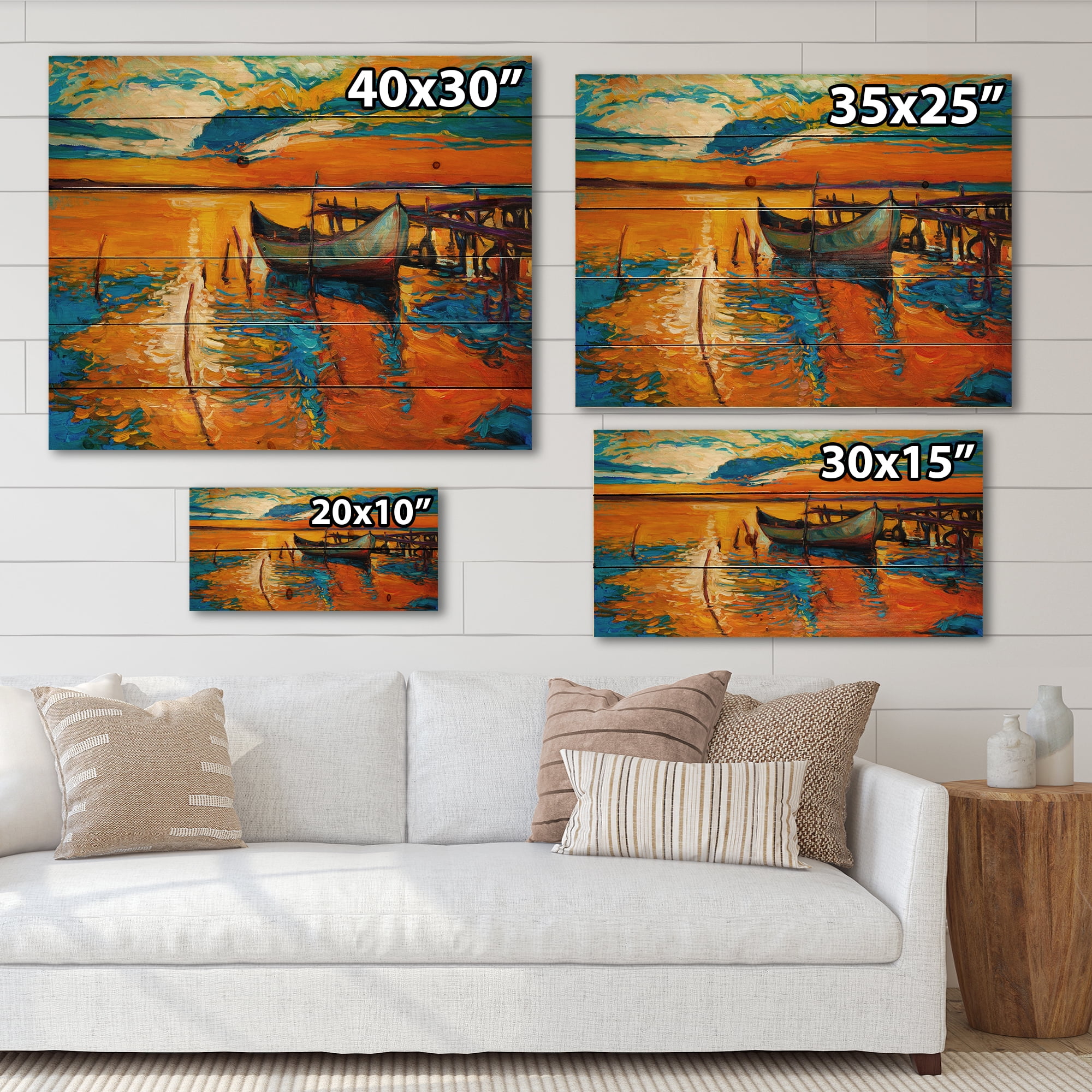 Designart 'Boat At The Lake During Evening Glow VII' Nautical & Coastal Print on Natural Pine Wood