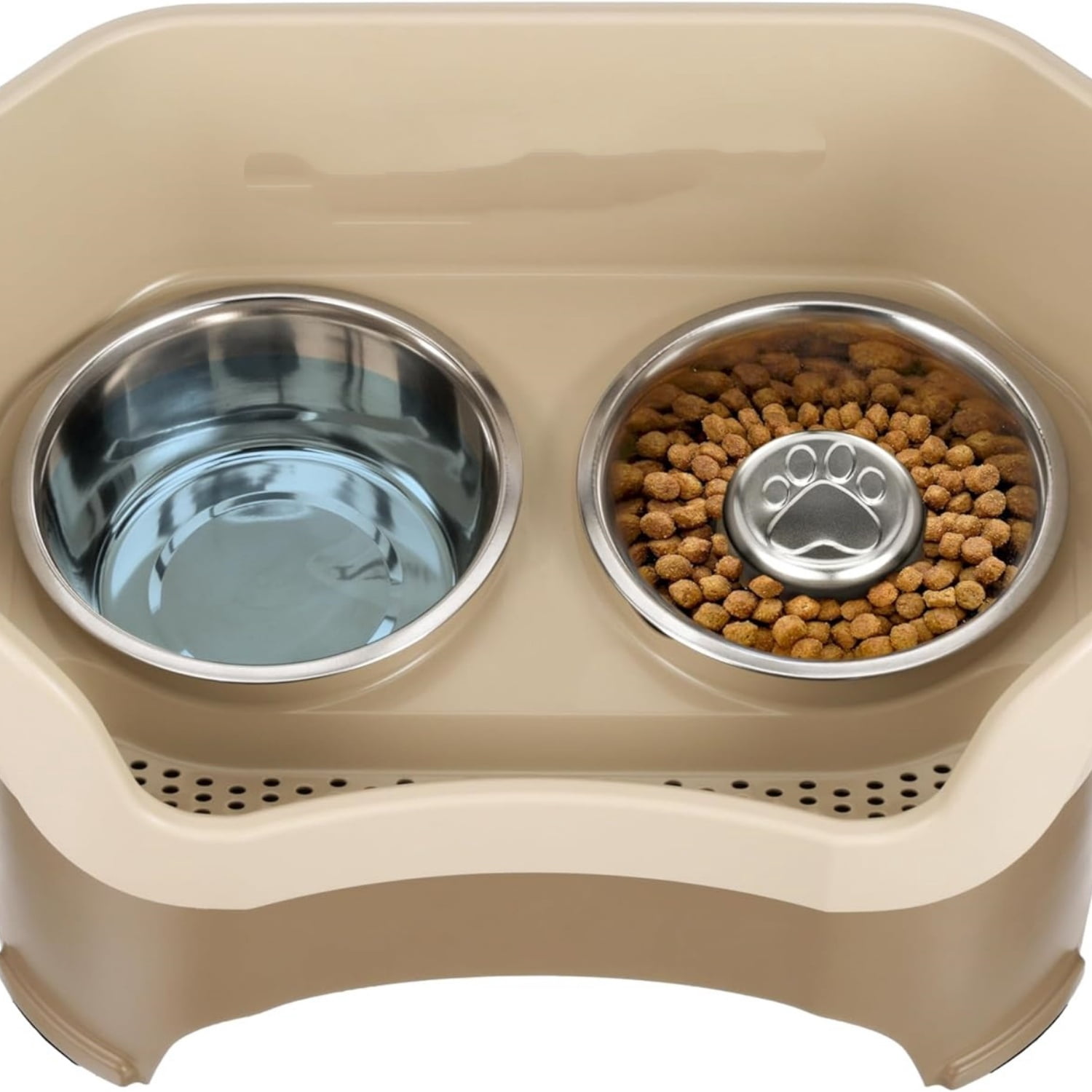 Deluxe Mess Proof Dog Bowls Elevated for Large Breeds – – No Spill Raised Slow Feeder Elevated Dog Bowl Stand, Stainless Steel Food and Water Bowl Set, Cappuccino