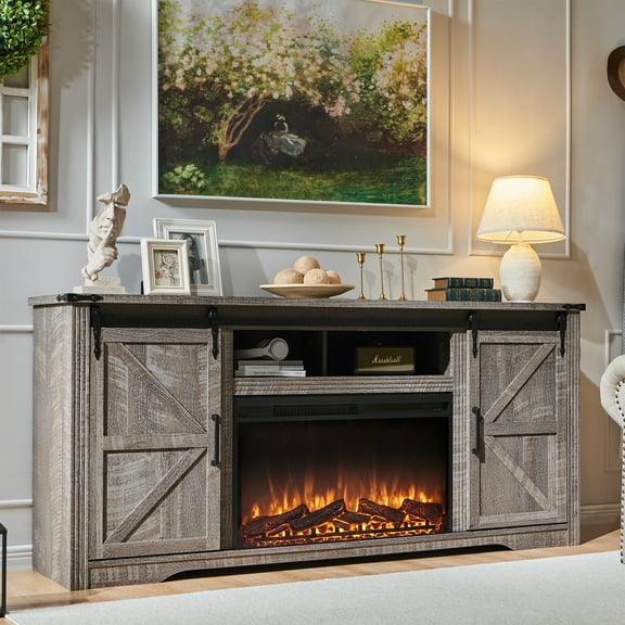 T4TREAM Farmhouse 70" Fireplace TV Stand for TVs up to 80", Highboy Entertainment Center with 30" Electric Fireplace, Light Rustic Oak