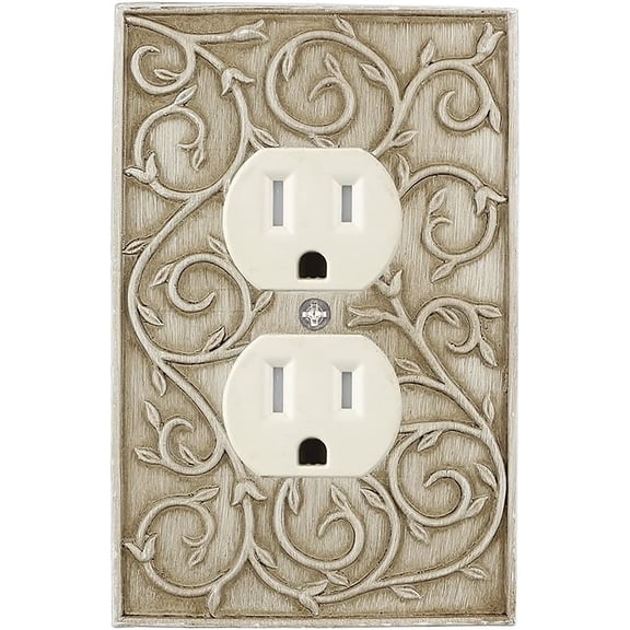 MERIVILLE French Scroll Duplex Outlet Wall Plate, Decorative Electrical Receptacle Cover, Weathered White