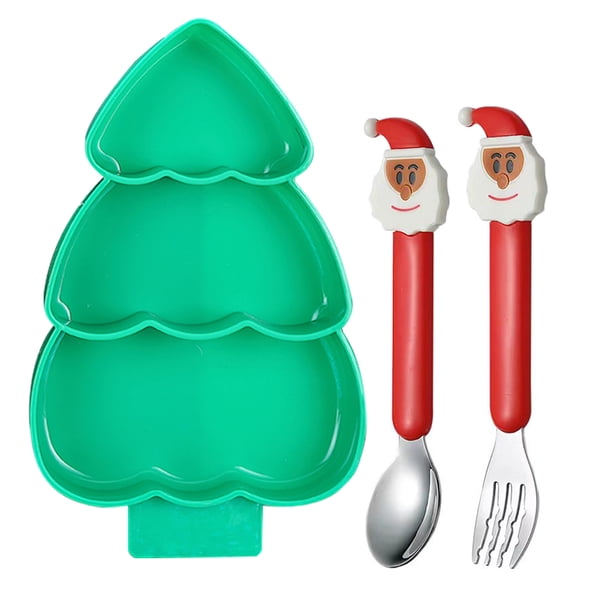 ColoMX Vajilla de fiesta en forma de árbol de Navidad Plato dividido para bebé con tenedor y cuchara Bandeja de frutas navideñas Plato seccionado de plástico para niños Verde