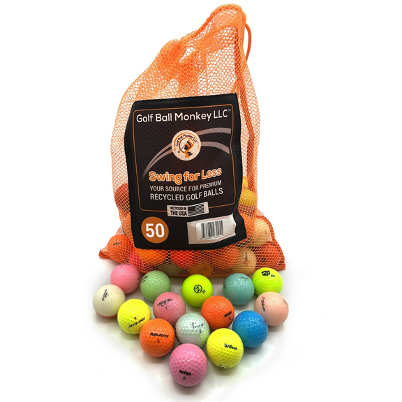 Golf Ball Monkey Cheap Recycled Colored Golf Ball Mix from Popular Brands -50 4A/Near Mint Golf Balls Assorted - Includes Balls and Mesh Bag