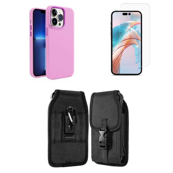 Bemz Phone Case for iPhone 15 - Liquid TPU Silicone (Metal Buttons/Camera Edges) Protection Cover, Screen Protector, Vertical Release Buckle Belt Holster Pouch (Magenta Pink)