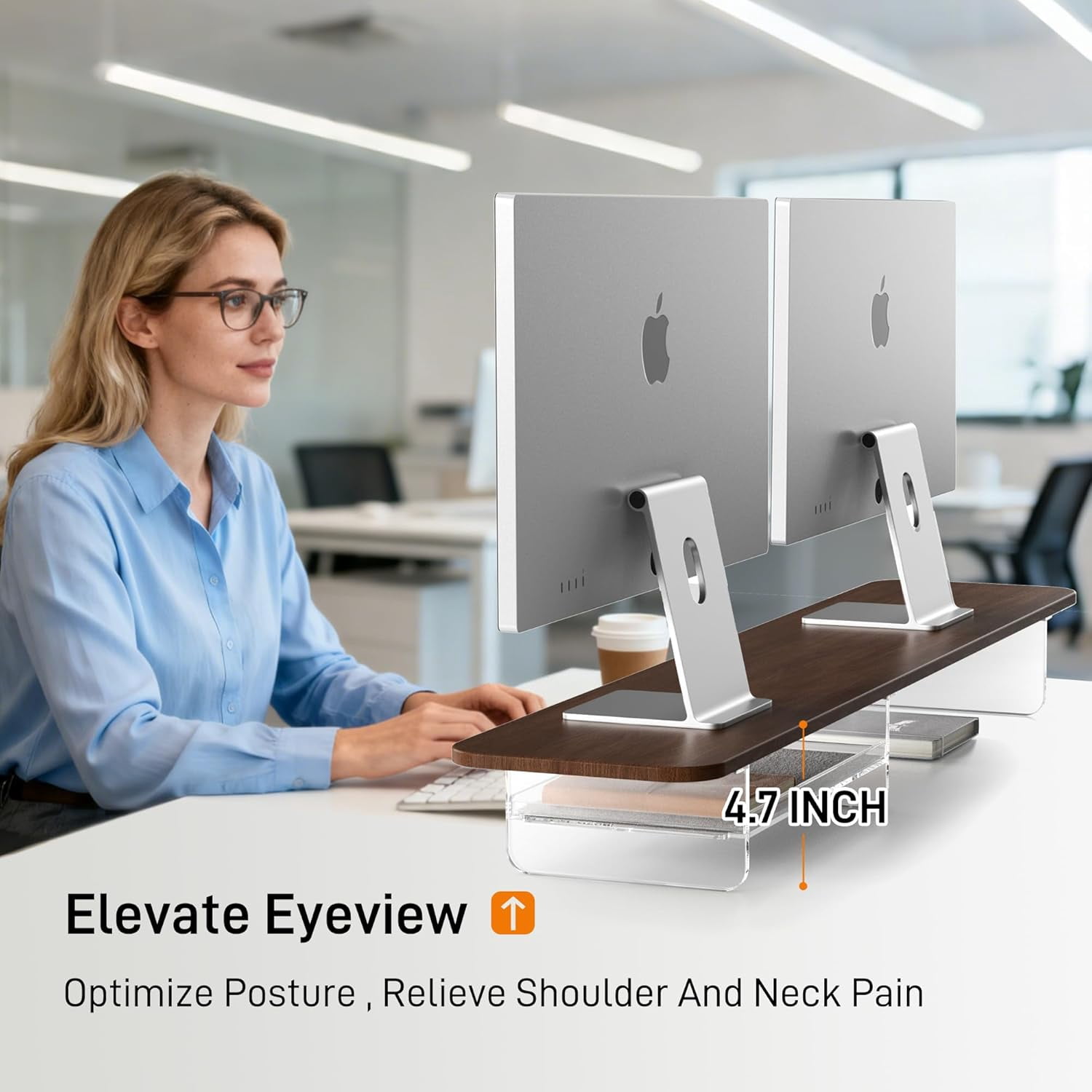 Large Dual Monitor Stand for Desk, 43 Inch Computer Riser with Felt Drawer and Acrylic Legs, Ergonomic Desktop Organizer for Laptop Printer TV