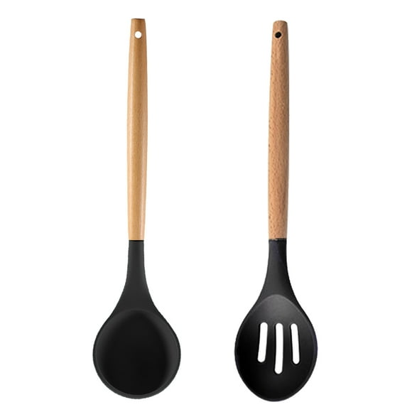 Ensemble d'Ustensiles de Cuisine en Bois et Silicone, Repose-Ustensiles et Couvercle, Poignées en Bois, Ensemble d'Ustensiles Antiadhésifs pour la Cuisson