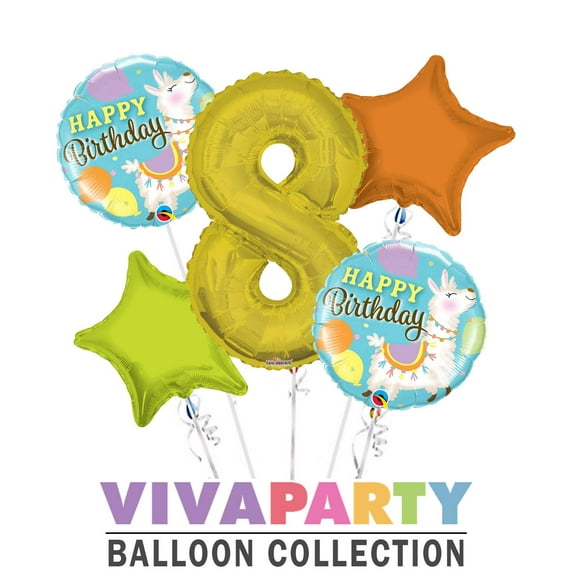 Happy Birthday Llama Round Balloon Bouquet 5 pc, 8th Birthday, Gold Number 8 Jumbo Balloon | Viva Party Balloon Collection