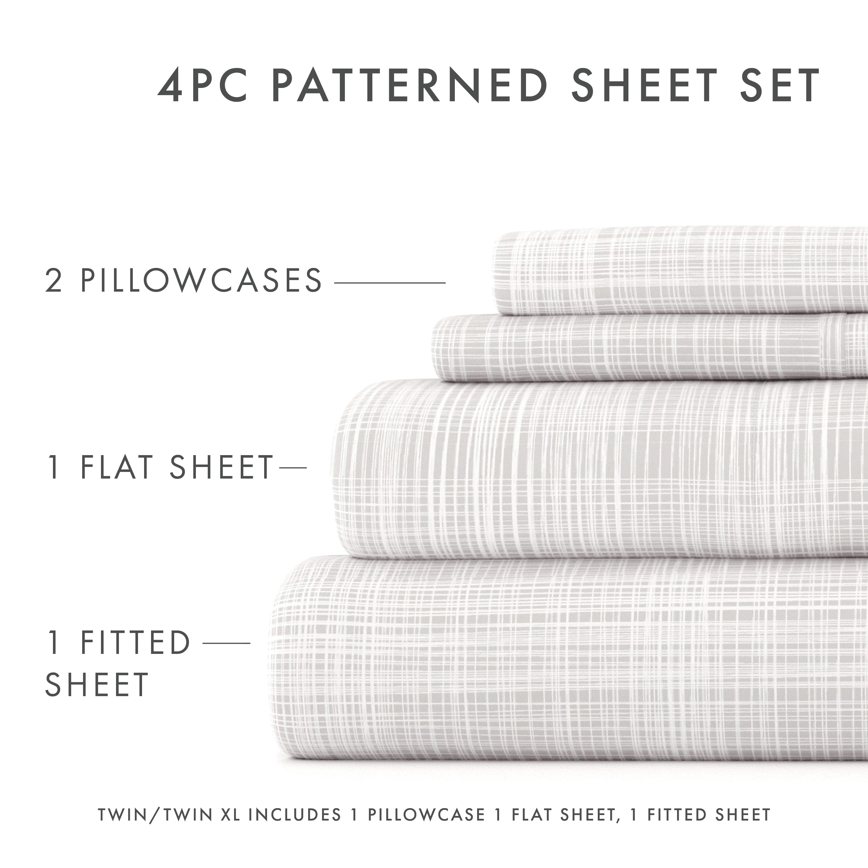 Noble Linens 4 Piece Pattern Microfiber Bed Sheets Set, Gray Thatch, Full