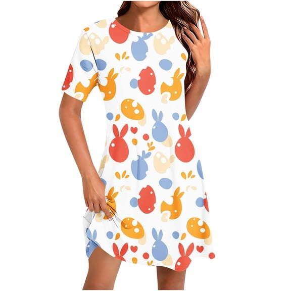 Daiosportswear Ladies Spring Summer Dress Rainbow Flowers Print Dress Fashion Elegant Short Sleeve O-Neck Oversized Casual Party Wear Sundress,Women Short Sleeve Dress Multicolor-I S(S)