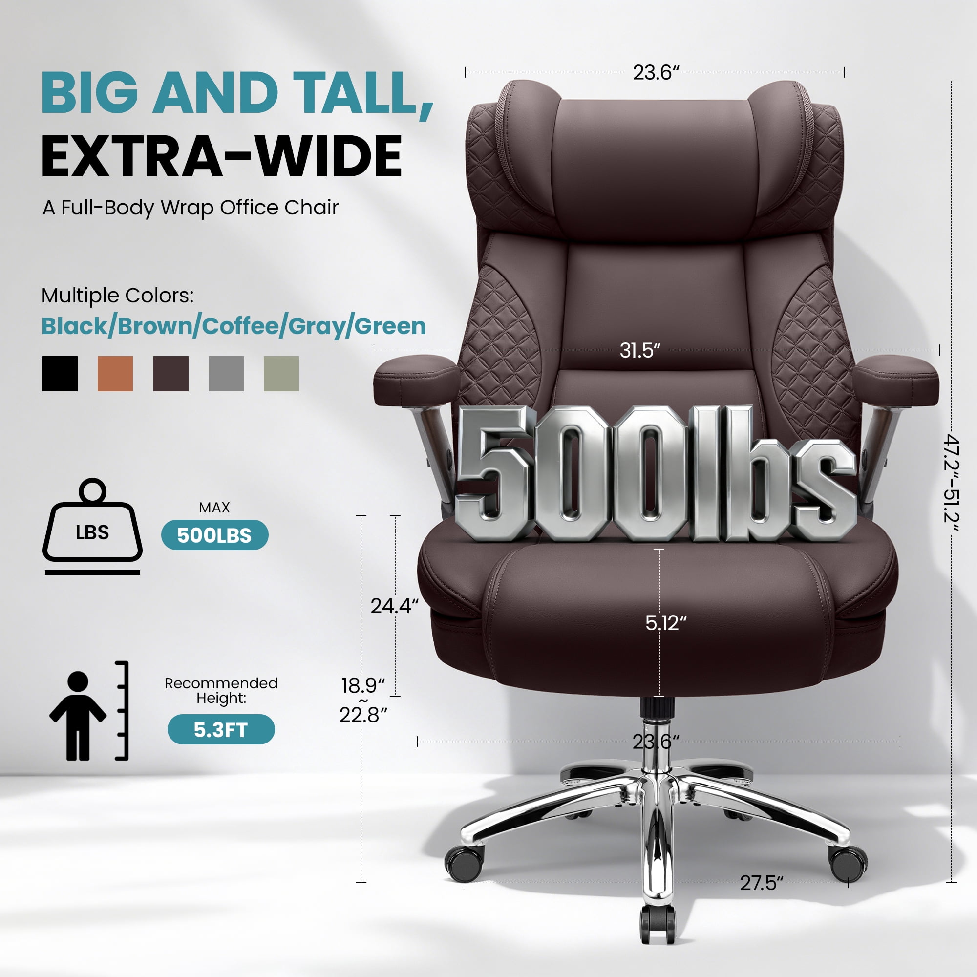 FASTES Leather Office Chair Big and Tall Desk Office Chair, 500lbs Computer Chair Ergonomic Extra Wide Gaming Chair with Adjustable Lumbar Support 5D Flip Arms,Coffee
