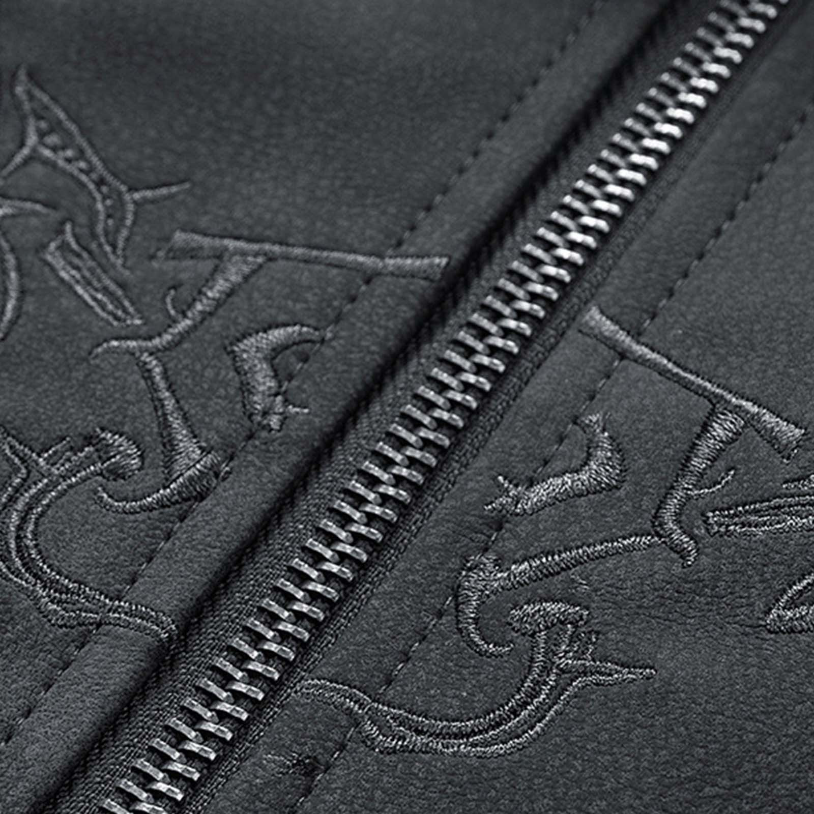 Maoxin Men Leather Jacket Man Embroidery Solid Color Leisure Zipper Pocket Flip Collar Long Sleeves Leather Jacket Leather Jackets for Men Black M