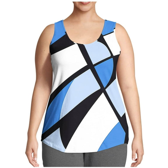 cocolona Womens Plus Size Summer Tank Tops Crew Neck Sleeveless Shirts Fashion Casual Loose Color Block Tees Blouse Blue XL