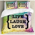 thumbnail image 3 of Live Laugh Love Duvet Cover Set Twin Size, Inspiring Wise Phrase in Parenthesis Colorful Out of Focus Dots Retro Style, Decorative 2 Piece Bedding Set with 1 Pillow Sham, Multicolor, by Ambesonne, 3 of 3