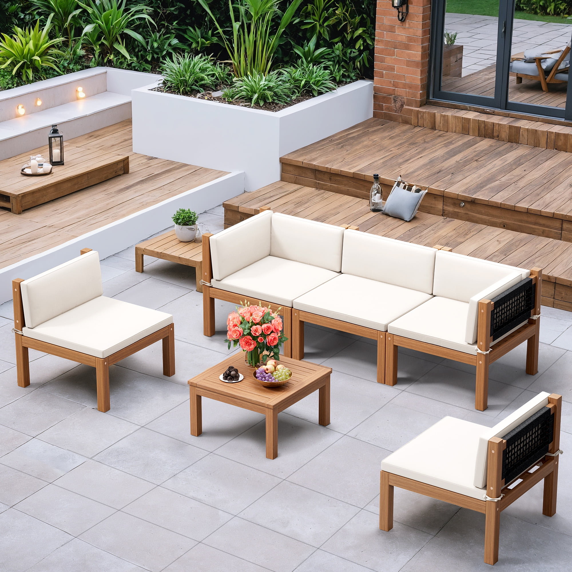 Homall 5-Seat Pieces Patio Conversation Set Acacia Wood Outdoor Furniture Set, White