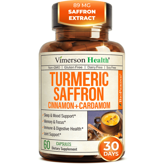 Turmeric Curcumin and Saffron Supplement (89mg Saffron Extract) with Ceylon Cinnamon & Cardamom for Eye, Joint Health, Memory and Mood Support - Joint Supplement for Women & Men, 60 Turmeric Capsules