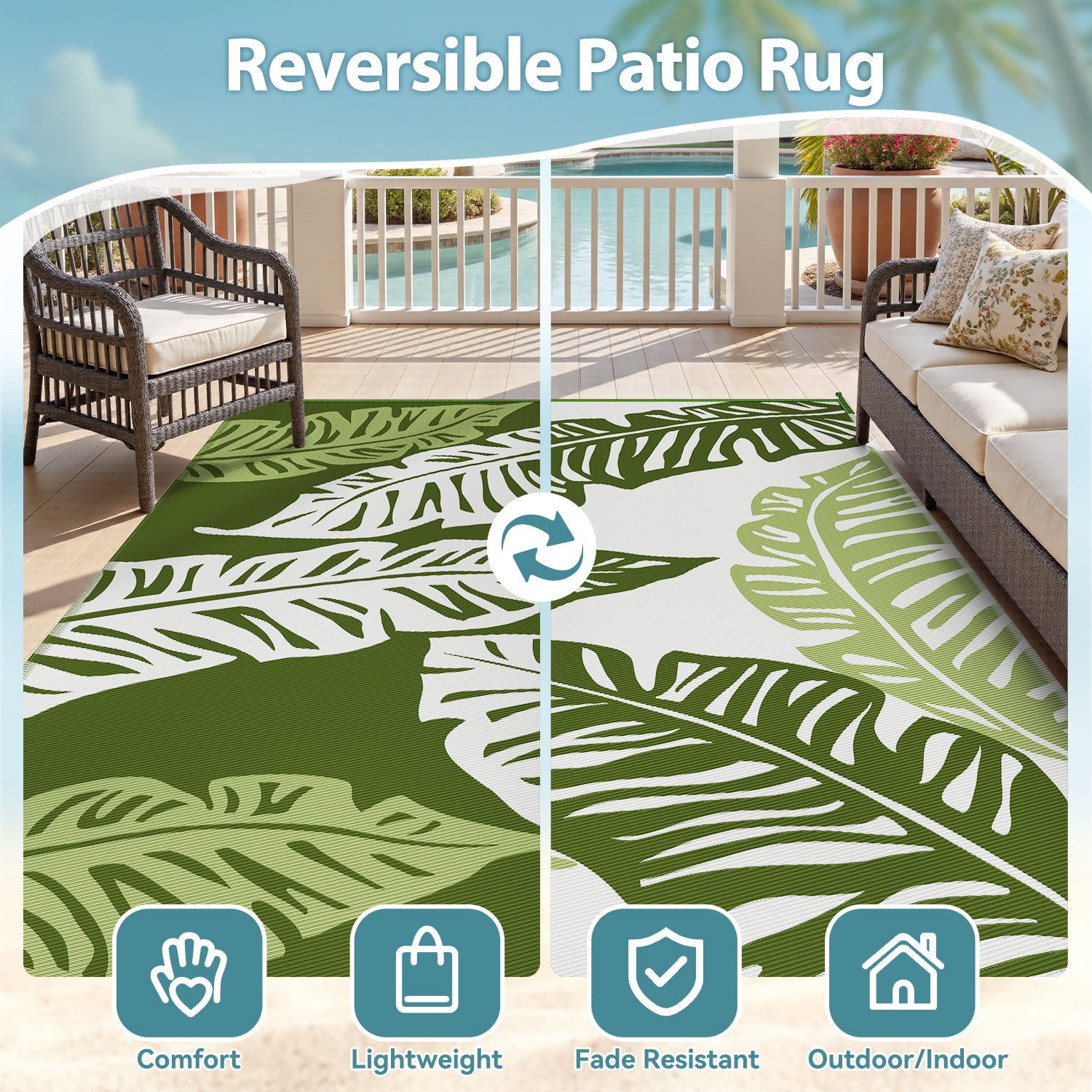 VUNATE Outdoor Rug Carpet 9'x12' Waterproof Reversible Patio Rug Portable Indoor Outdoor Rug Plastic Straw Rug for Beach RV Camping Garden Picnic Deck Backyard Tropical Porch Decor Green