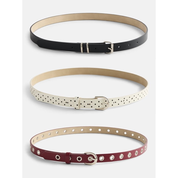 No Boundaries Women's Skinny Belts, 3 Pack, Red/Black/White, Sizes S/M-3XL
