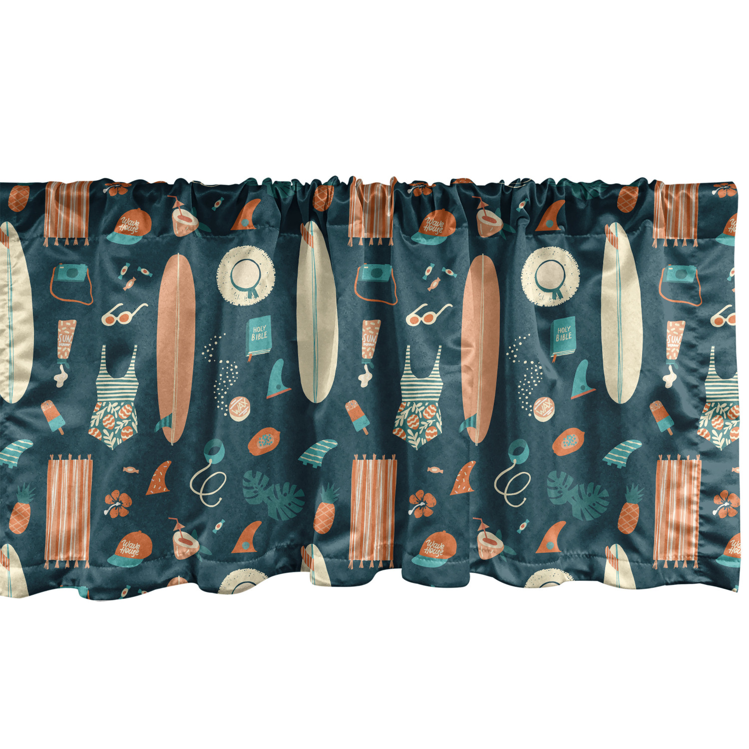 Beach Theme Window Valance Pack of 2, Retro Design of Summer Items