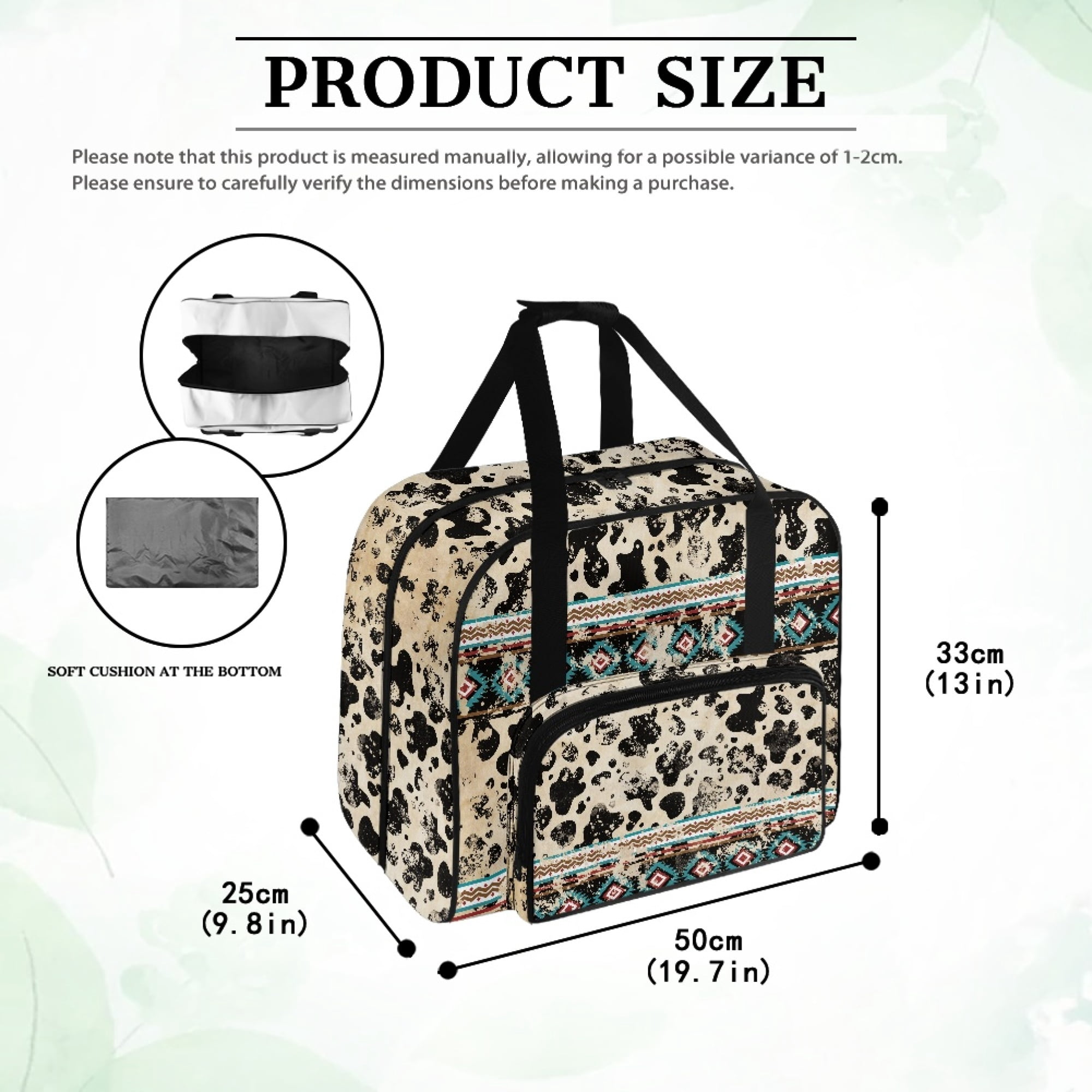 ZIATUBLE Aztec Southwest Carry Tote Bag Cow Print Sewing Machine Organizer with Storage Pocket Traveling Bag with Zipper Lightweight Sewing Machine Needle Storage Case Home Decor