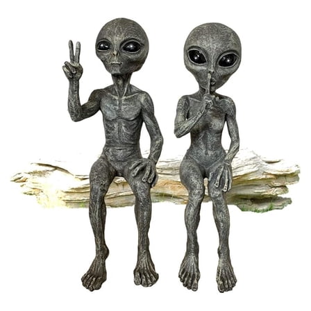 Outer Space Grays Peace & Quite Babe UFO Extraterrestrial 10" H Shelf Sitters Martians Garden Statue Figurine Set