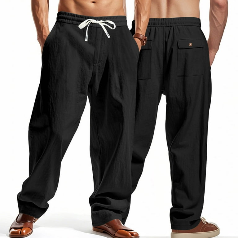 Fashion YLSDY Linen Pants Men Casual Elastic Waist Drawstring Mens