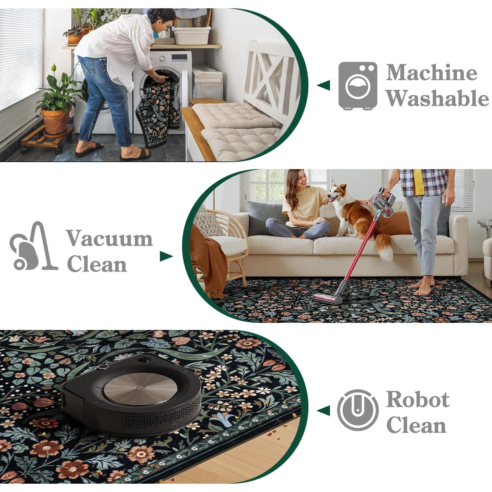 Lahome Floral 5'x7' Living Room Area Rug, Soft Washable Rugs for Bedroom, Non Slip Ultra Thin Boho Rug Botanical Stain Resistant Floor Carpet for Dining Room Home Office, Black