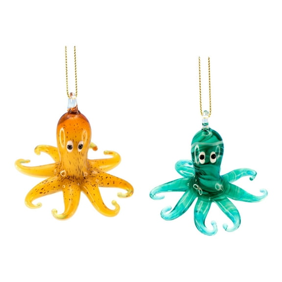 Coastal Green and Yellow Octopus Glass Christmas Holiday Ornaments Set of 2