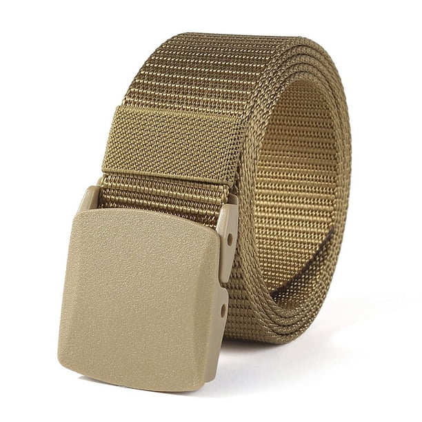 Xiao Hua Cinturón de lona para hombre, hebilla de plástico sin metal, apto para trabajo y deportes, color caqui, 1 pieza