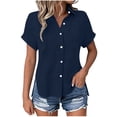 thumbnail image 4 of KIHOUT Women's Crinkle Gauze Button-Down Shirt Short Sleeve Rolled Cuff Split Hem Casual Cotton Blouse, 4 of 7