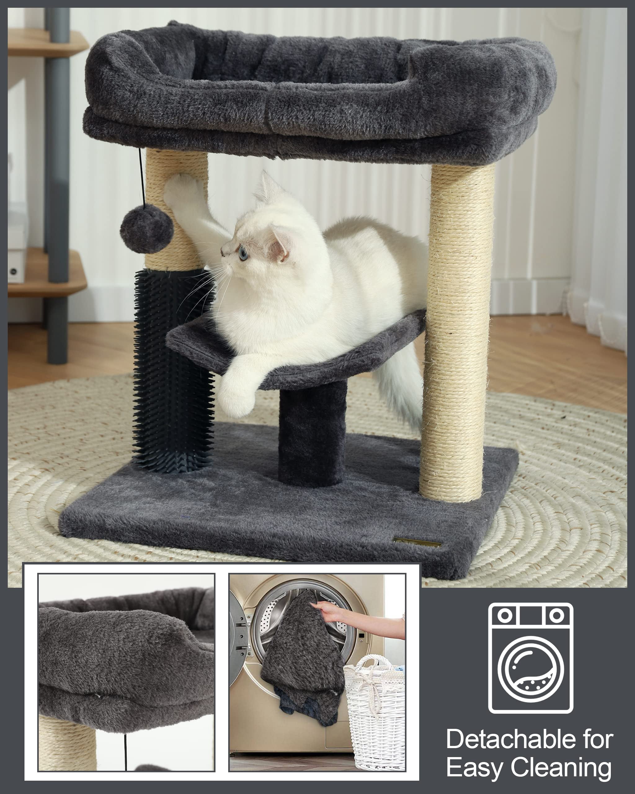 Hoopet 20" Cat Tree Tower, Scratching Post for Indoor Cats with Cozy Perch, Self Groomer & Interactive Ball,Smoky Grey