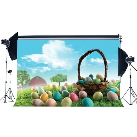 Image of GreenDecor 7x5ft Easter Backdrop Colorful Eggs Spring Basket Green Trees Rustic House Grass Field Blue Sky White Cloud Frohe Ostern Photography Background Kids Adults Photo Studio Props