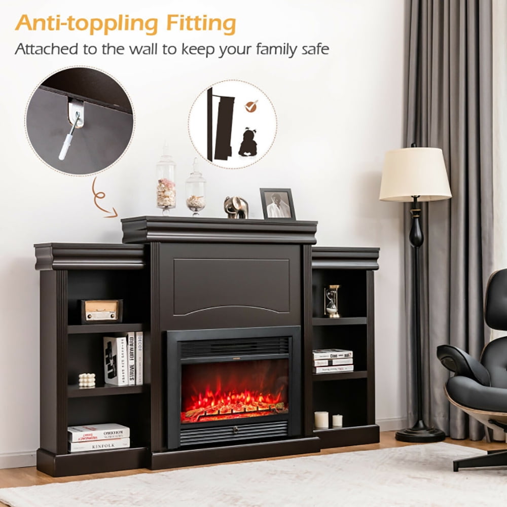 Finihen TV Stand, TV Cabinet, 70 Inch Modern Fireplace Media Entertainment Center with Bookcase, Media Entertainment Center with Storage, for Living Room, Bedroom, Brown