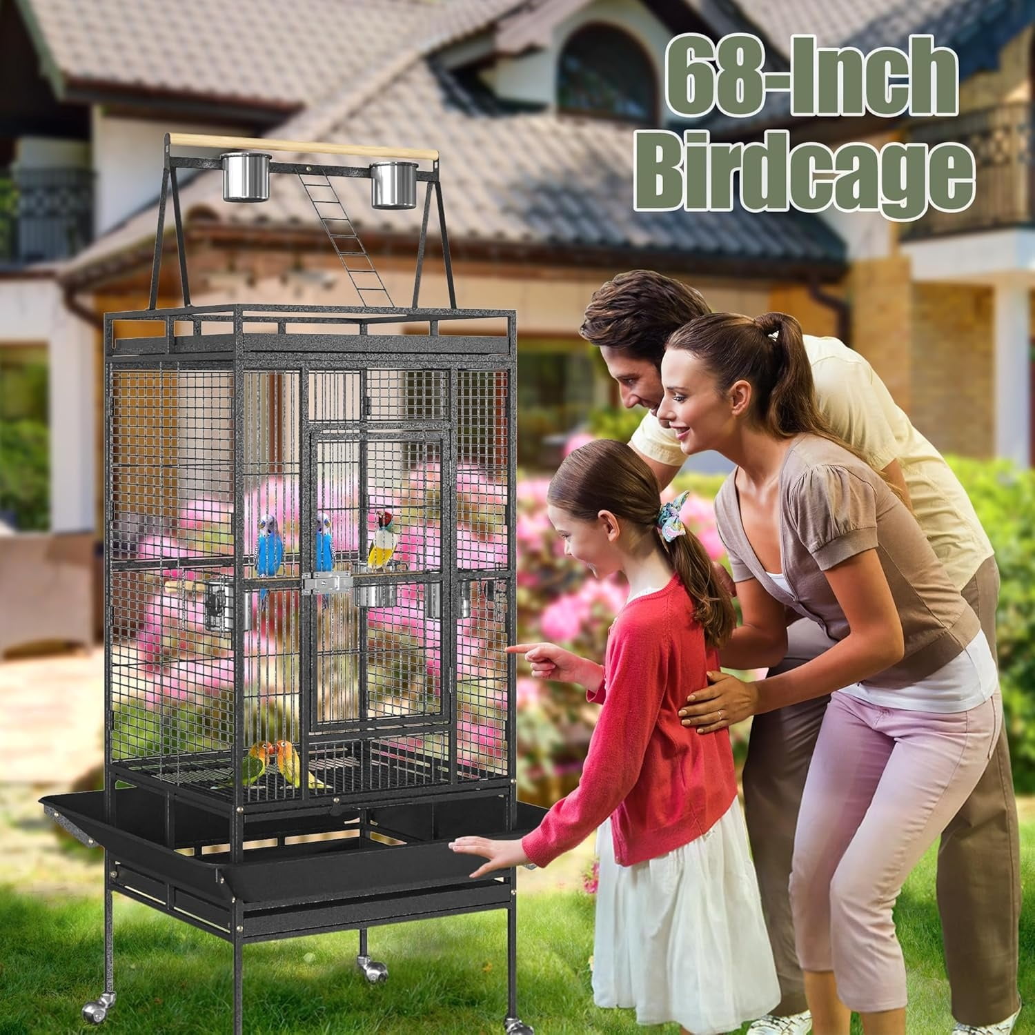 68-Inch Birdcage, Playtop Parrot Cage, Wrought Iron Bird Cage with Rolling Stand, Heavy-Duty Pet Bird House for Parrot Cockatiel Cockatoo Parakeet Macaw Finches, Black