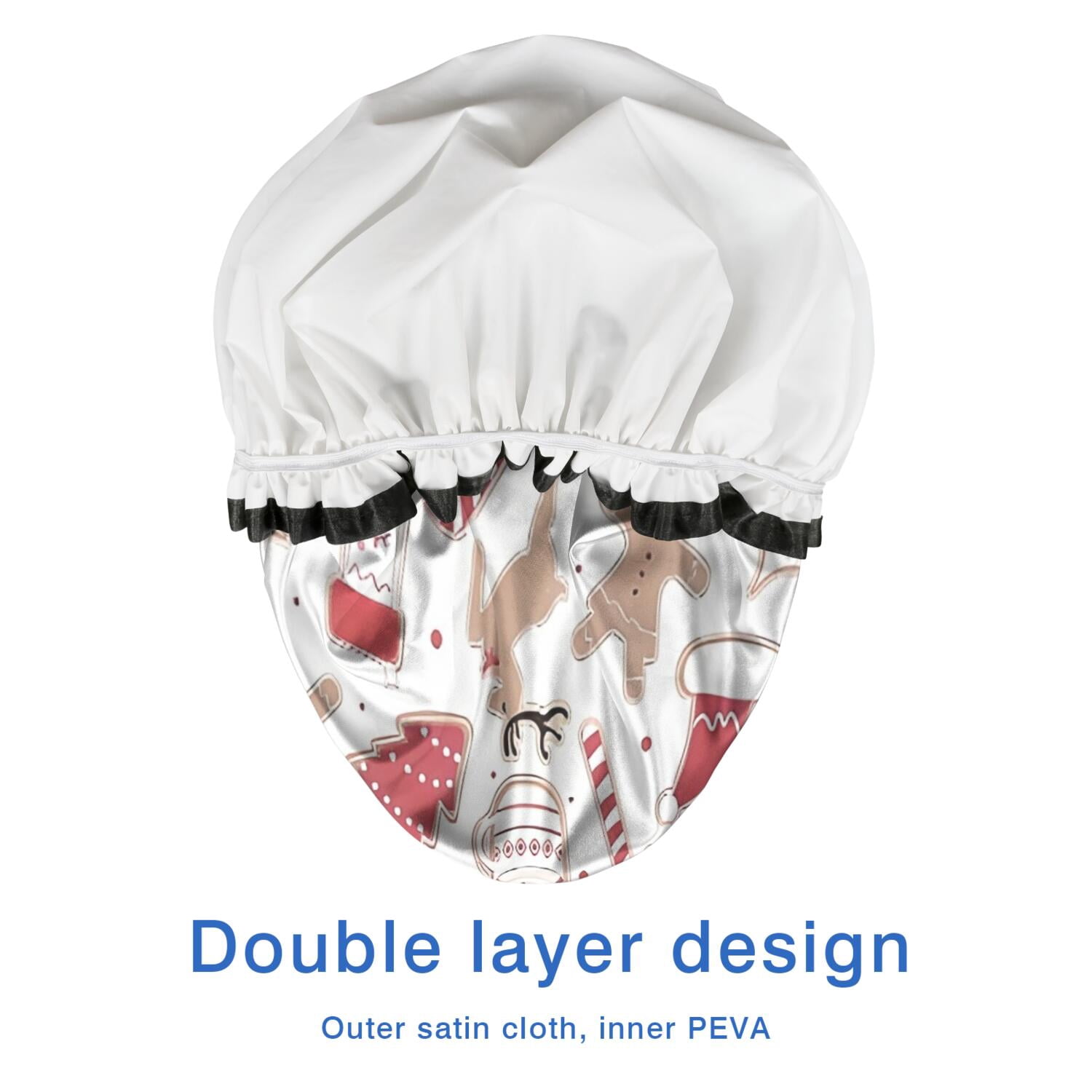 Shower Caps,White Christmas Cookie Pattern Waterproof Shower Cap for Women 4 Pieces,Double Reusable Hair Cover for Shower PEVA Elastic Stretch Hem