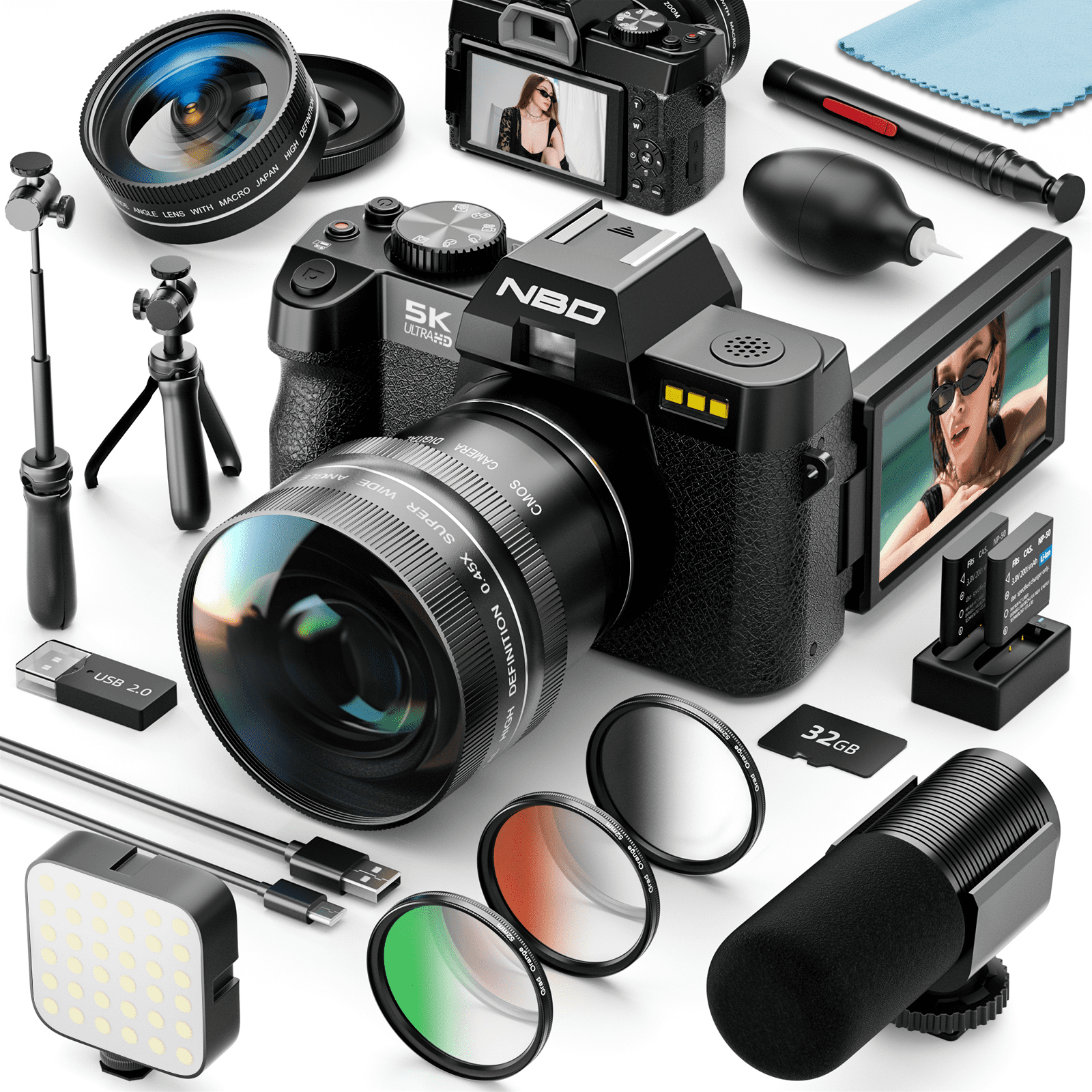 5K 64MP Digital Cameras for Photography, All-in-One Camera Kit for Beginners & Teens, with 32GB Card, Microphone, Filter Trio180° Flip Screen, 16X Zoom