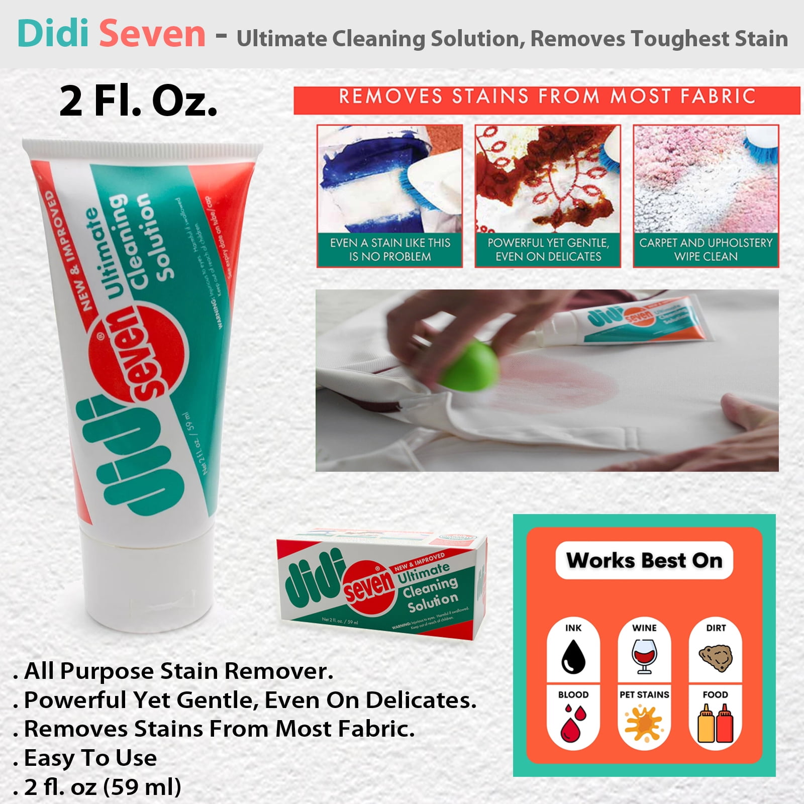 Didi Seven - Ultimate Cleaning Solution, Simply Spray Removes Spot Rust Ink Wine Stains White 2 fl. oz.