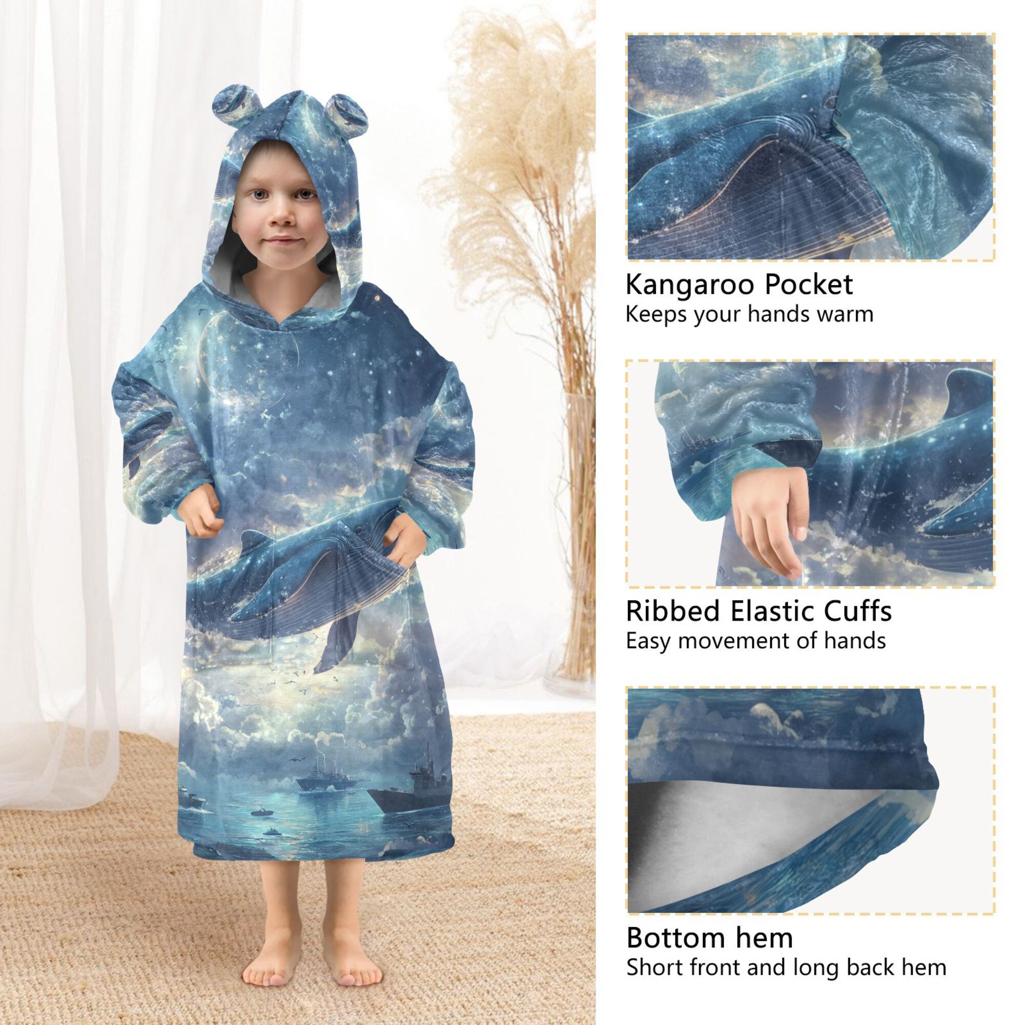 FORMRS Wearable Blanket Hoodie with Sleeves for Kids Cozy Flannel Sweatshirt, Night Floating Whale