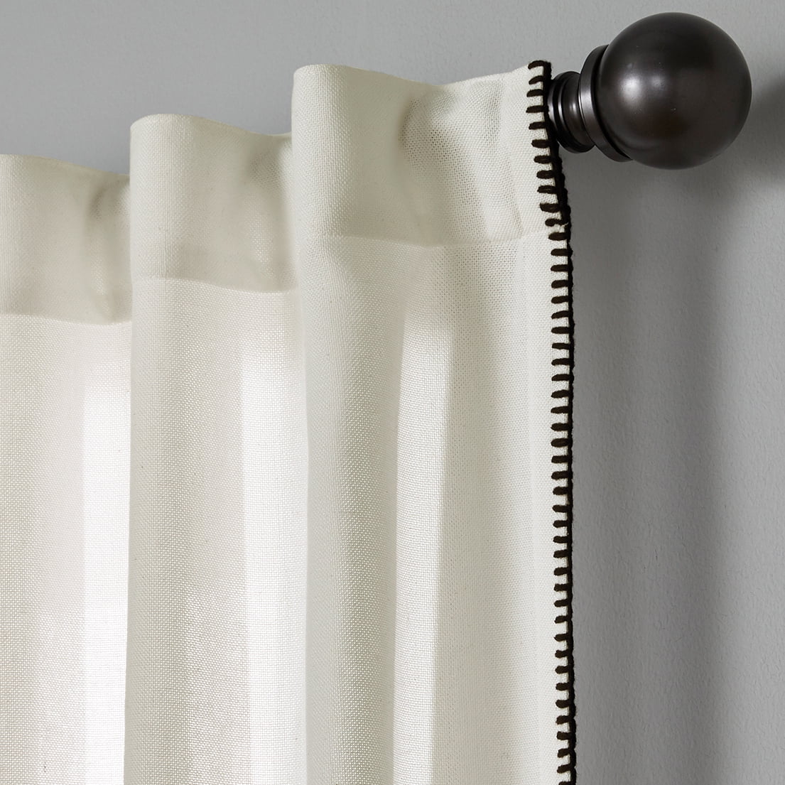 Better Homes & Gardens Whipstitch Light Filtering Rod Pocket Single Curtain Panel, Ivory with Black Stitching
