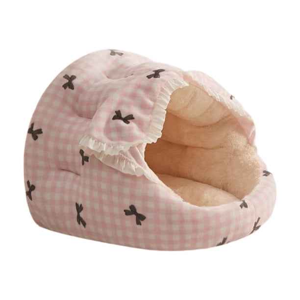 Cama para gatos tipo cueva redonda, cama para mascotas cálida tipo cápsula para gatos con cortina de puerta, cómoda y cubierta. Rosa