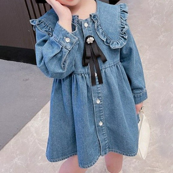 EnJoCho Girls Denim Dresses Children's Autumn Dress Girls' Denim Dress Girls' Baby Drress Children's Spring and Autumn Top with Long Sleeves Dress Kids Long Sleeve Loose Jeans A-Line Dress