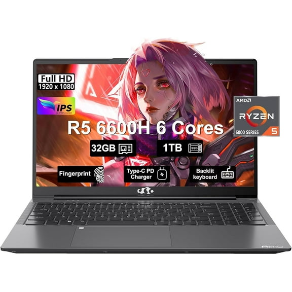 Nimo 2025 Laptop, 15.6"FHD Display Business Gaming Laptop, 6-Cores AMD Ryzen 5 6600H (Beat i5-12450H, up to 4.5GHz), 32GB DDR5, 1TB SSD, 100W Type-C, WiFi 5, Fingerprint, Backlit Keyboard, Windows 11