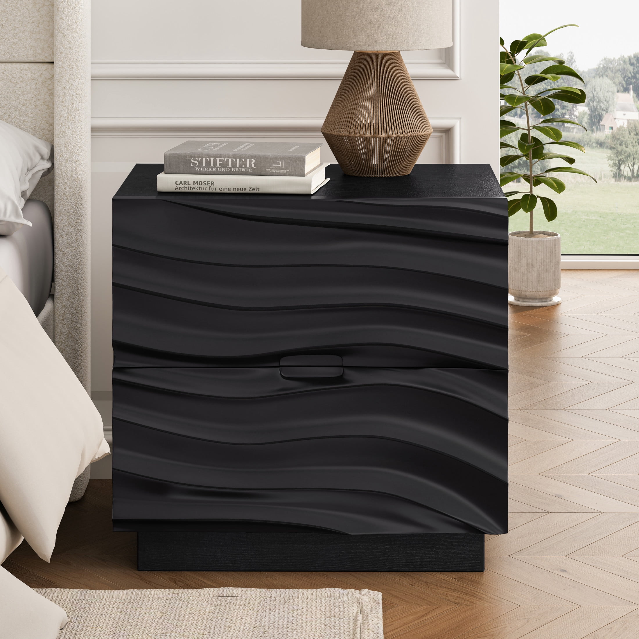 GDF Studio Solid Wood Nightstand with 2 Drawers, Handle-Free Design, Silent Metal Slides, Black