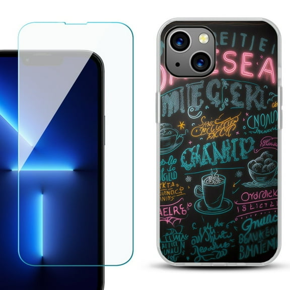 Slim-Fit TPU Phone Case for iPhone 14, with Tempered Glass Screen Protector, by OneToughShield ® - Abstract Menu