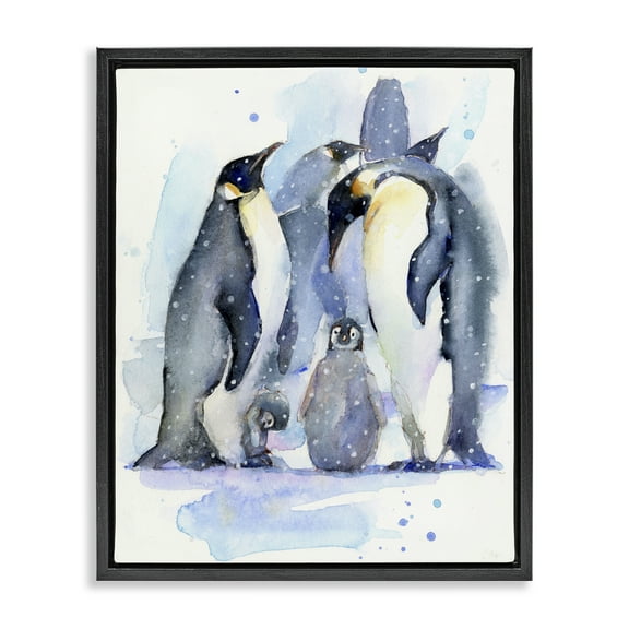 Stupell Industries Penguin Family Watercolor Animals Painting Black Floater Framed Canvas Art Print Wall Art, 17 x 21