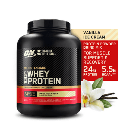 Optimum Nutrition Gold Standard 100% Whey Protein Powder, Vanilla Ice Cream, 24g Protein, 58 Servings