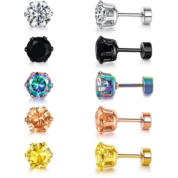 Screw Back Stud Earrings for Women Mens Hypoallergenic Stainless Steel Barbell Screw-on Backs Earring Studs 6MM Cubic Zirconia Inlaid Nickel Free Ear Studs (5 Colors)