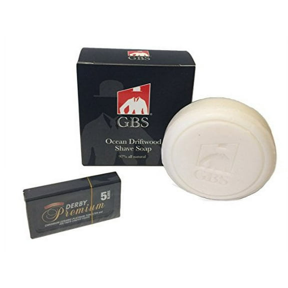 Derby 5 Pack Premium Super Stainless Double Edge Blades comes with GBS Ocean Driftwood 97% All Natural Shave Soap